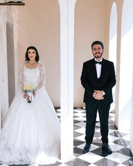 White Lace Ball Gown Wedding Dress Sweetheart Sheer Long Sleeves Floral Lace Appliqué Beading Cathedral Train Bridal Gown