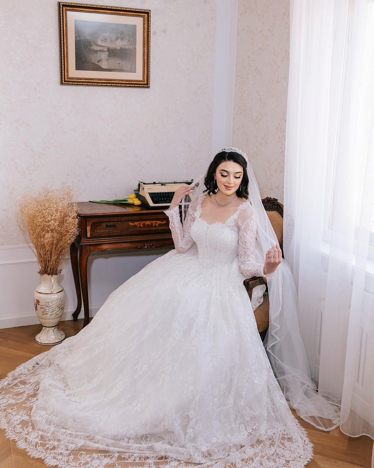 White Lace Ball Gown Wedding Dress Sweetheart Sheer Long Sleeves Floral Lace Appliqué Beading Cathedral Train Bridal Gown