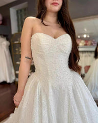 White Lace Beaded Ball Gown Wedding Dress Sweetheart Sleeveless Sparkle Open Back Cathedral Train Bridal Gown