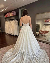 White Lace Beaded Ball Gown Wedding Dress Sweetheart Sleeveless Sparkle Open Back Cathedral Train Bridal Gown
