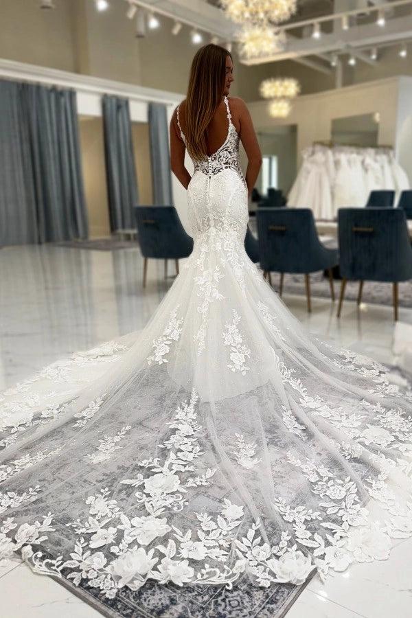 White Lace Mermaid Wedding Dress Deep V-Neck Floral Spaghetti Straps Sheer Illusion Bodice Allover Floral Vine Lace Applique Illusion Open Back Pearl Button Cathedral Train Bridal Gown