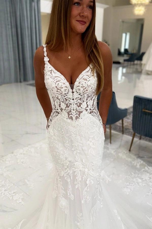 White Lace Mermaid Wedding Dress Deep V-Neck Floral Spaghetti Straps Sheer Illusion Bodice Allover Floral Vine Lace Applique Illusion Open Back Pearl Button Cathedral Train Bridal Gown