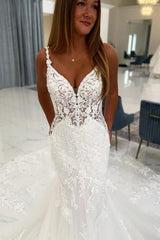 White Lace Mermaid Wedding Dress Deep V-Neck Floral Spaghetti Straps Sheer Illusion Bodice Allover Floral Vine Lace Applique Illusion Open Back Pearl Button Cathedral Train Bridal Gown