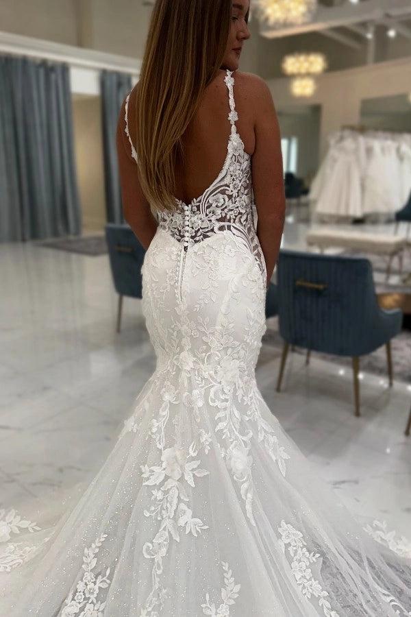 White Lace Mermaid Wedding Dress Deep V-Neck Floral Spaghetti Straps Sheer Illusion Bodice Allover Floral Vine Lace Applique Illusion Open Back Pearl Button Cathedral Train Bridal Gown