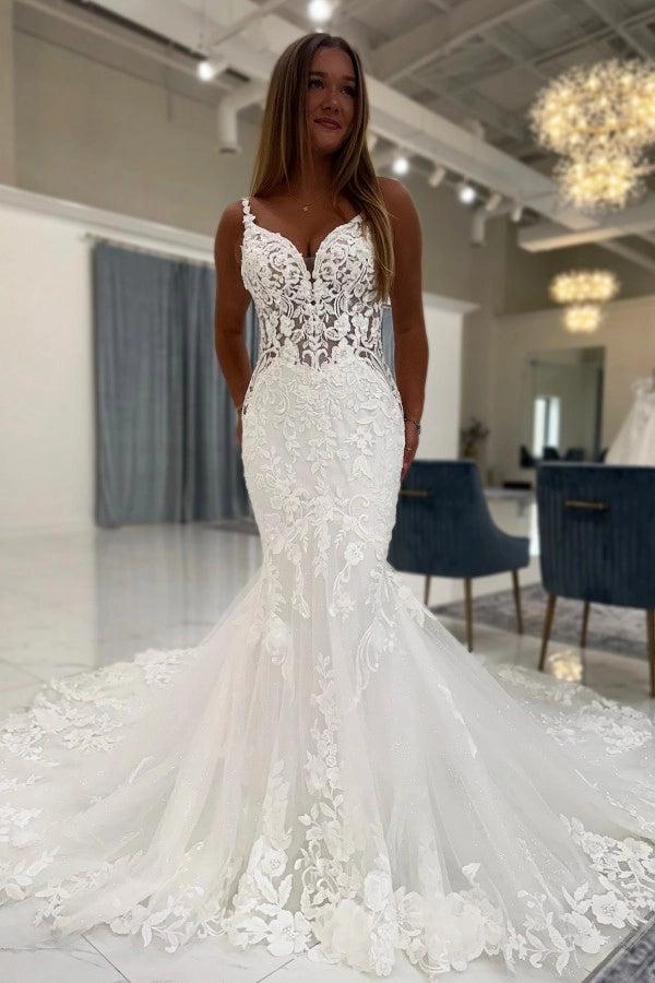 White Lace Mermaid Wedding Dress Deep V-Neck Floral Spaghetti Straps Sheer Illusion Bodice Allover Floral Vine Lace Applique Illusion Open Back Pearl Button Cathedral Train Bridal Gown