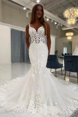 White Lace Mermaid Wedding Dress Deep V-Neck Floral Spaghetti Straps Sheer Illusion Bodice Allover Floral Vine Lace Applique Illusion Open Back Pearl Button Cathedral Train Bridal Gown