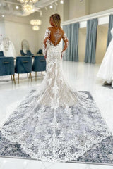 White Lace Mermaid Wedding Dress Illusion Off-the-Shoulder Deep V-Neck Long Sheer Illusion Sleeves Allover Baroque Vine Lace Applique Illusion Open Back Bordered Cathedral Train Bridal Gown