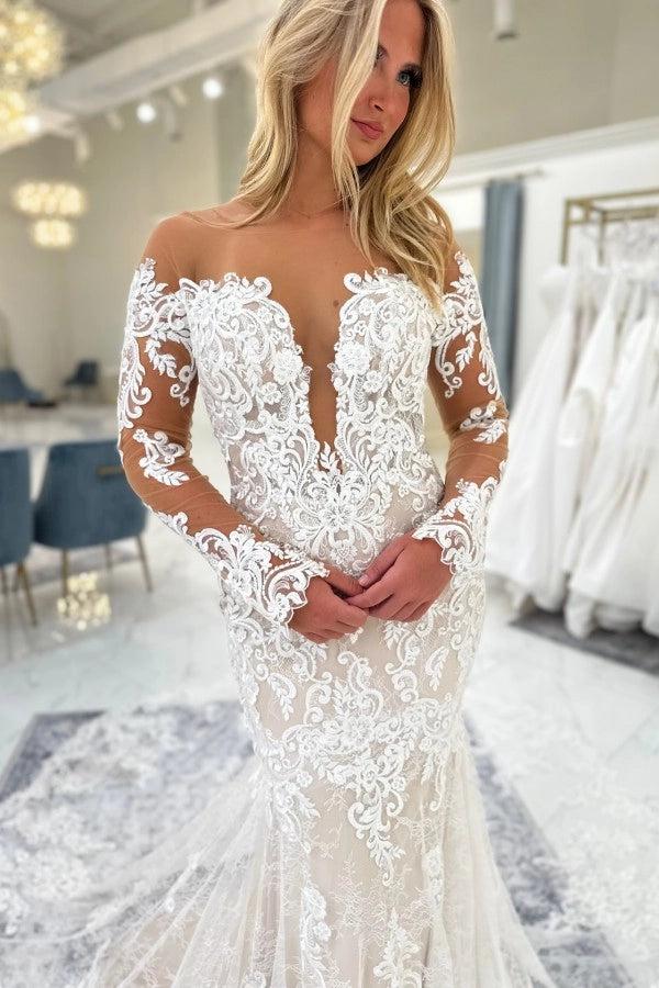 White Lace Mermaid Wedding Dress Illusion Off-the-Shoulder Deep V-Neck Long Sheer Illusion Sleeves Allover Baroque Vine Lace Applique Illusion Open Back Bordered Cathedral Train Bridal Gown