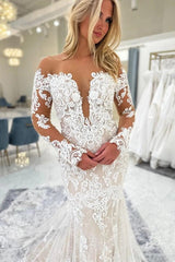 White Lace Mermaid Wedding Dress Illusion Off-the-Shoulder Deep V-Neck Long Sheer Illusion Sleeves Allover Baroque Vine Lace Applique Illusion Open Back Bordered Cathedral Train Bridal Gown