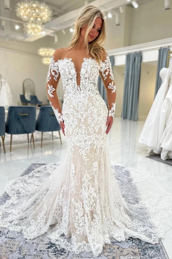 White Lace Mermaid Wedding Dress Illusion Off-the-Shoulder Deep V-Neck Long Sheer Illusion Sleeves Allover Baroque Vine Lace Applique Illusion Open Back Bordered Cathedral Train Bridal Gown
