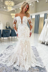 White Lace Mermaid Wedding Dress Illusion Off-the-Shoulder Deep V-Neck Long Sheer Illusion Sleeves Allover Baroque Vine Lace Applique Illusion Open Back Bordered Cathedral Train Bridal Gown