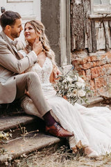 White Lace Mermaid Wedding Dress V-Neck Spaghetti Straps Allover 3D Floral Lace Applique Pearl Button Back Sweep Train Bridal Gown
