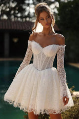White Lace Mini Wedding Dress Off-the-Shoulder Sweetheart Sheer Illusion Boned Corset Bodice Allover Vine Lace Long Sleeves Scallop Cuff Voluminous Lace Skirt Scallop Hem Short Bridal Gown