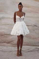 White Lace Mini Wedding Dress with Floral Appliques and Spaghetti Straps