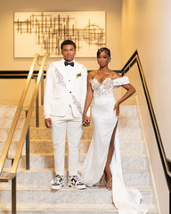 White Mermaid Prom Dress Off Shoulder Sweetheart 3D Floral Vine Crystal Applique Pearl Crystal Beaded Trim Sequin Diamond Grid Beaded High Split Sweep Train Gown