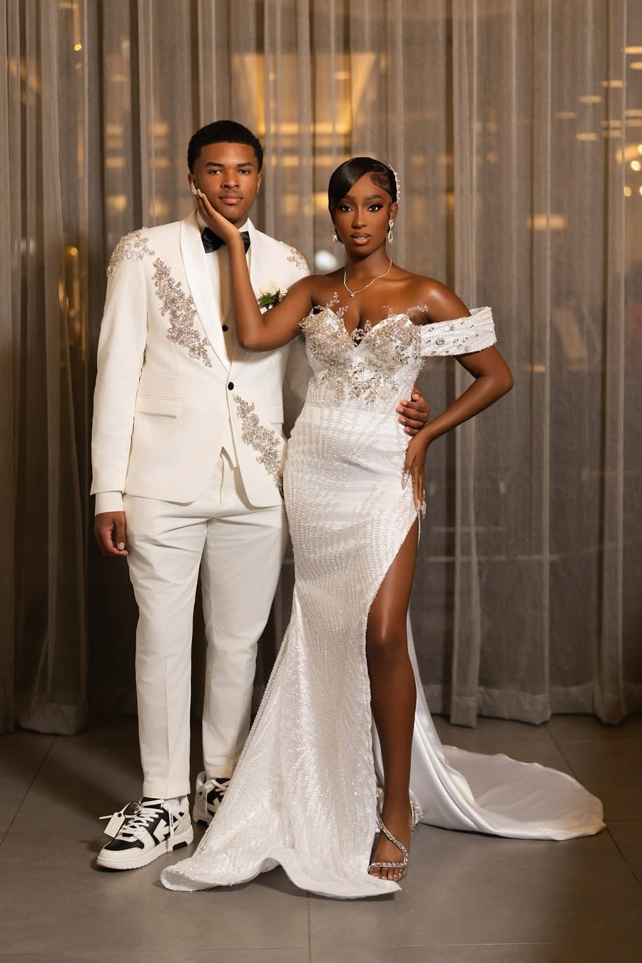 White Mermaid Prom Dress Off Shoulder Sweetheart 3D Floral Vine Crystal Applique Pearl Crystal Beaded Trim Sequin Diamond Grid Beaded High Split Sweep Train Gown