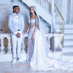 White Mermaid Prom Dress Sweetheart 3D Feather Petal Applique Sheer Illusion Crystal Swirl Vine Beaded Barely There Cathedral Train Gown with Veil
