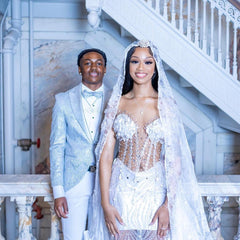 White Mermaid Prom Dress Sweetheart 3D Feather Petal Applique Sheer Illusion Crystal Swirl Vine Beaded Barely There Cathedral Train Gown with Veil