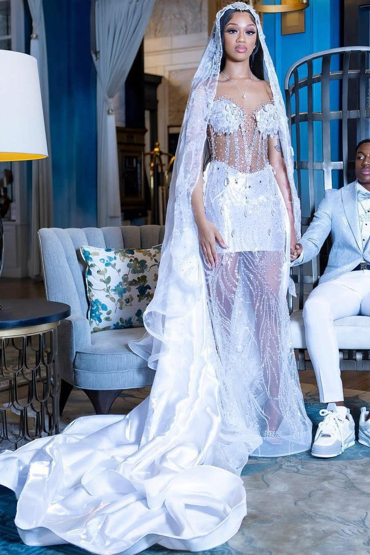 White Mermaid Prom Dress Sweetheart 3D Feather Petal Applique Sheer Illusion Crystal Swirl Vine Beaded Barely There Cathedral Train Gown with Veil