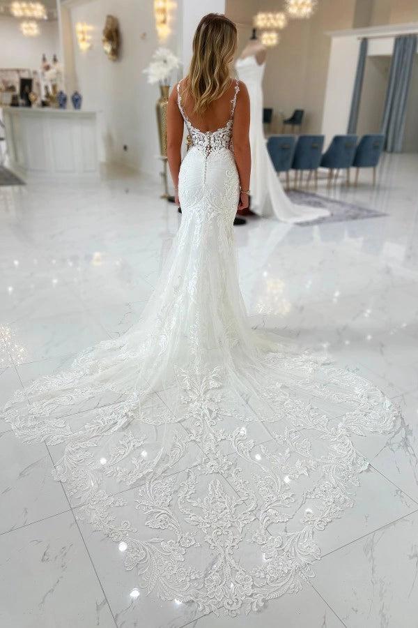 White Mermaid Wedding Dress Deep V Neck Wide Lace Straps Illusion Boned Corset Scrollwork Floral Lace Applique Cathedral Train Bridal Gown