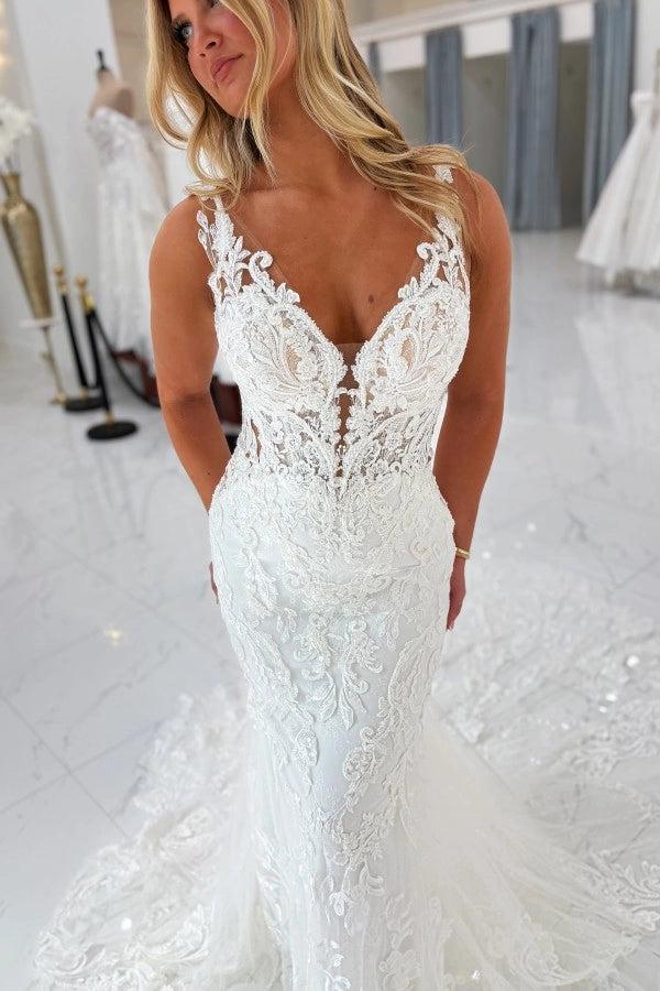 deep v neck mermaid wedding dress White Mermaid Wedding Dress Deep V Neck Wide Lace Straps Illusion Boned  Corset Scrollwork Floral Lace Cathedral Train