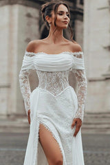 White Mermaid Wedding Dress Off Shoulder Draped Cowl Neckline Sheer Lace Long Sleeve Sheer Illusion Boned Corset All-Over White Floral Lace Embroidery High Split White Satin Side Panel Chapel Train Bridal Gown