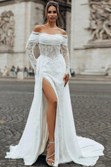 White Mermaid Wedding Dress Off Shoulder Draped Cowl Neckline Sheer Lace Long Sleeve Sheer Illusion Boned Corset All-Over White Floral Lace Embroidery High Split White Satin Side Panel Chapel Train Bridal Gown