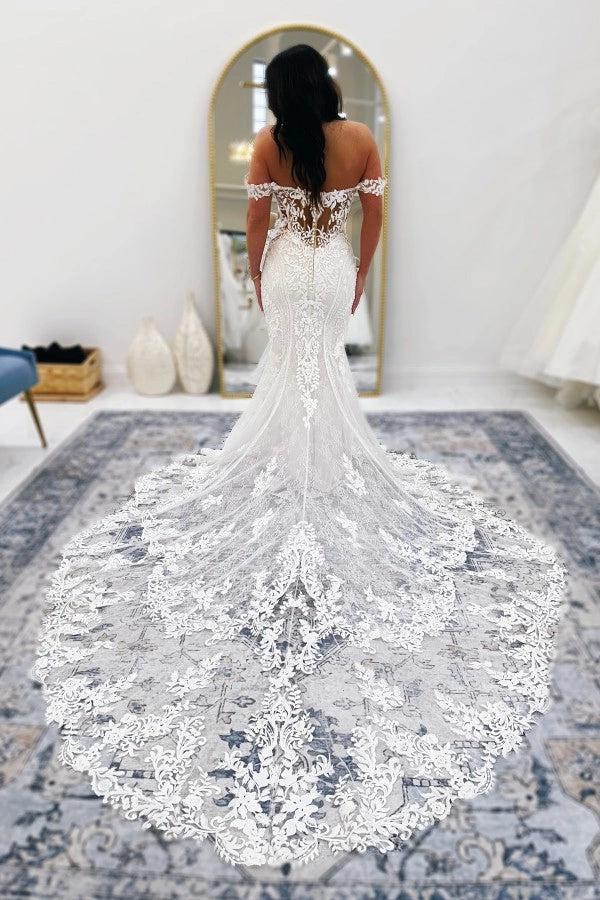 White Mermaid Wedding Dress Off Shoulder Sweetheart Illusion Boned Corset 3D Floral Lace Applique Cathedral Train Bridal Gown