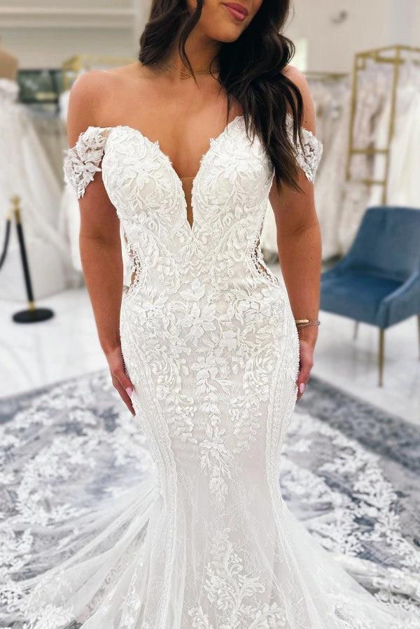 White Mermaid Wedding Dress Off Shoulder Sweetheart Illusion Boned Corset 3D Floral Lace Applique Cathedral Train Bridal Gown