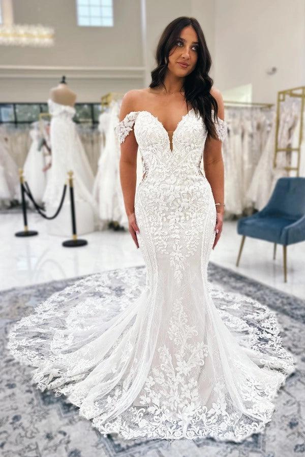 White Mermaid Wedding Dress Off Shoulder Sweetheart Illusion Boned Corset 3D Floral Lace Applique Cathedral Train Bridal Gown