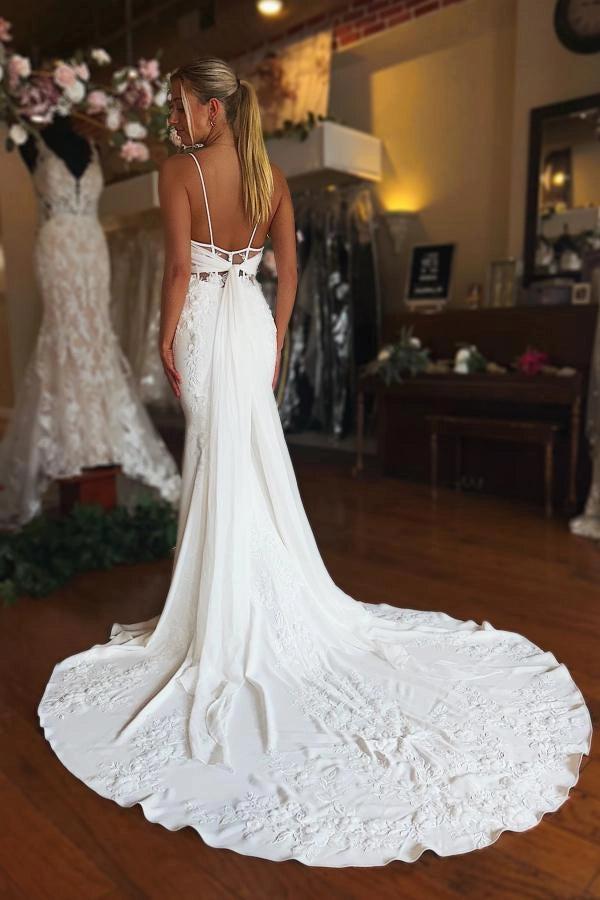 White Mermaid Wedding Dress Spaghetti Straps V Neck 3D Floral Lace Applique Open Back Corset Lace-Up Chapel Train Bridal Gown