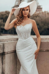 White Mermaid Wedding Dress Strapless Sweetheart 3D Feather Lash Lace Edge Illusion Boned Corset Allover Scrollwork Floral Lace Silver Glitter Chapel Train Bridal Gown