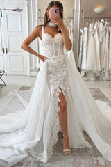 White Mermaid Wedding Dress Sweetheart Wide Lace Scallop Shoulder Strap Sheer Illusion Boned Corset All-Over White Baroque Floral Lace Embroidery Scattered Pearl Rhinestone High Split Scallop Hem Detachable Cathedral Tulle Overskirt Bridal Gown
