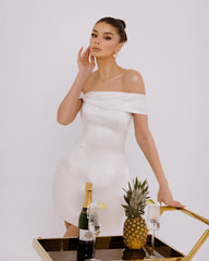 White Off-Shoulder Draped Bodycon Mini Cocktail Dress Sleeveless Satin