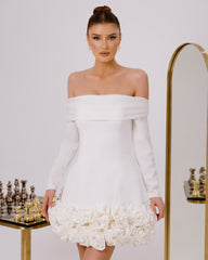 White Off-Shoulder Long Sleeve Mini Cocktail Dress with 3D Rose Floral Hem