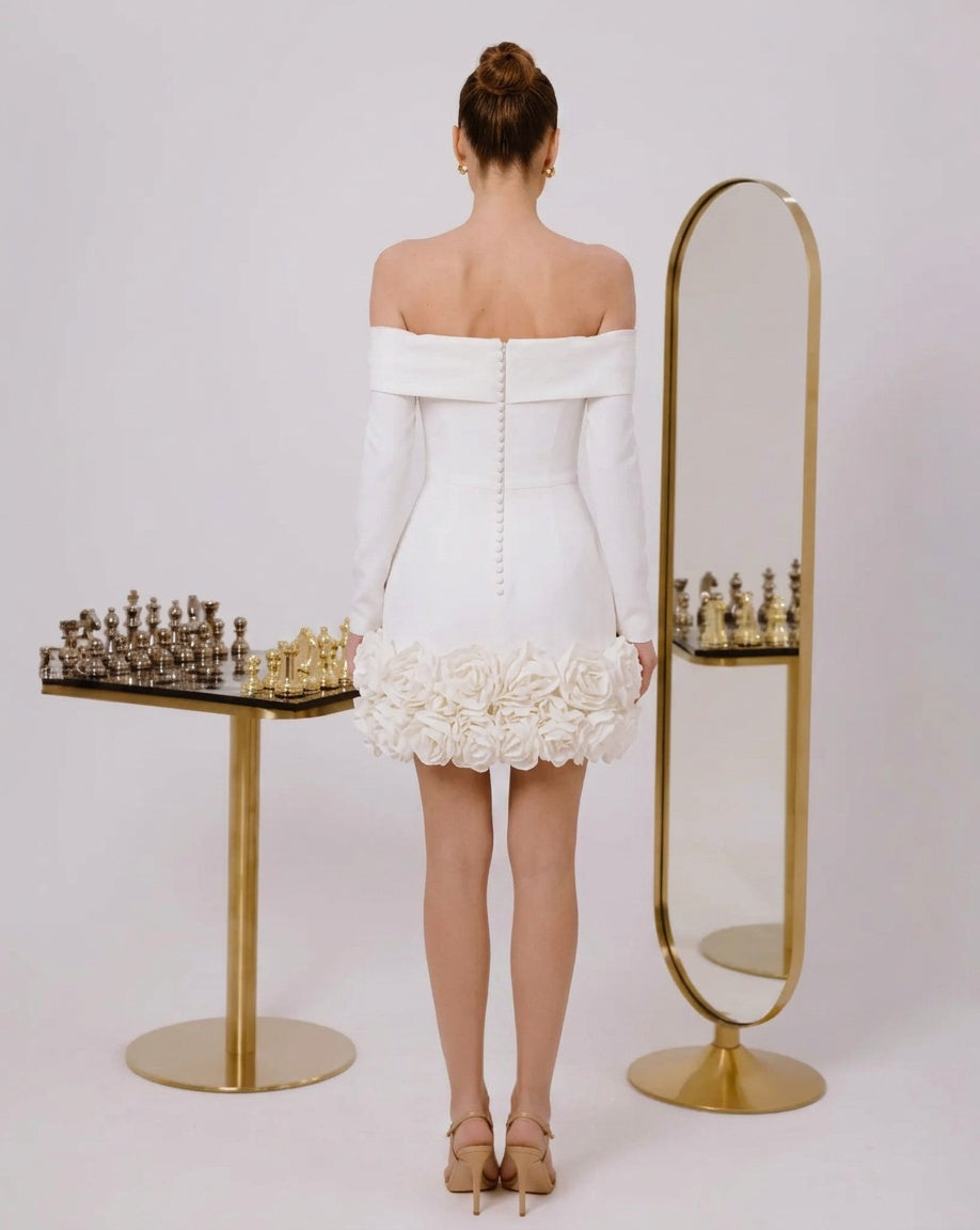 White Off-Shoulder Long Sleeve Mini Cocktail Dress with 3D Rose Floral Hem