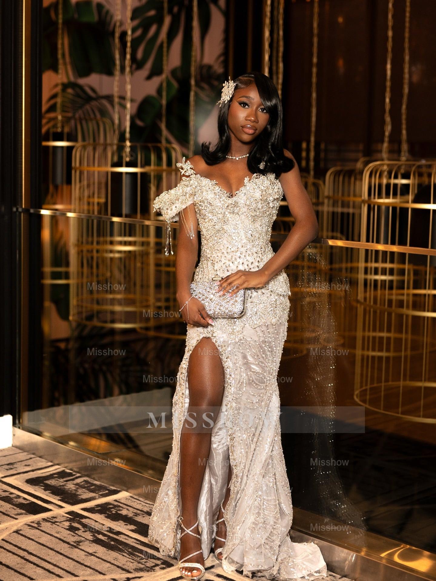 White Off Shoulder Prom Dress Beaded Mermaid Gown with High Slit