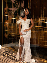 White Off Shoulder Prom Dress Beaded Mermaid Gown with High Slit