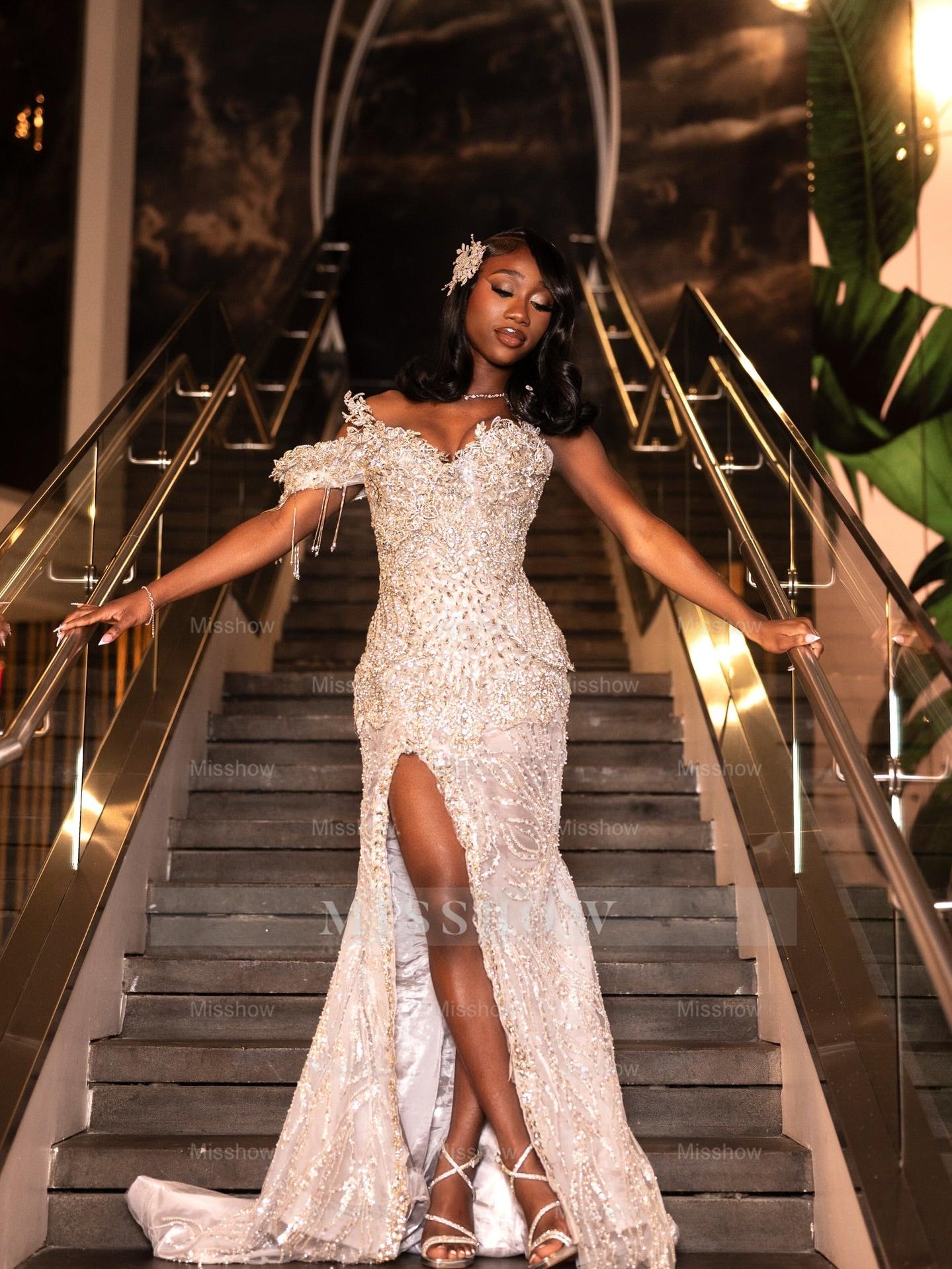White Off Shoulder Prom Dress Beaded Mermaid Gown with High Slit