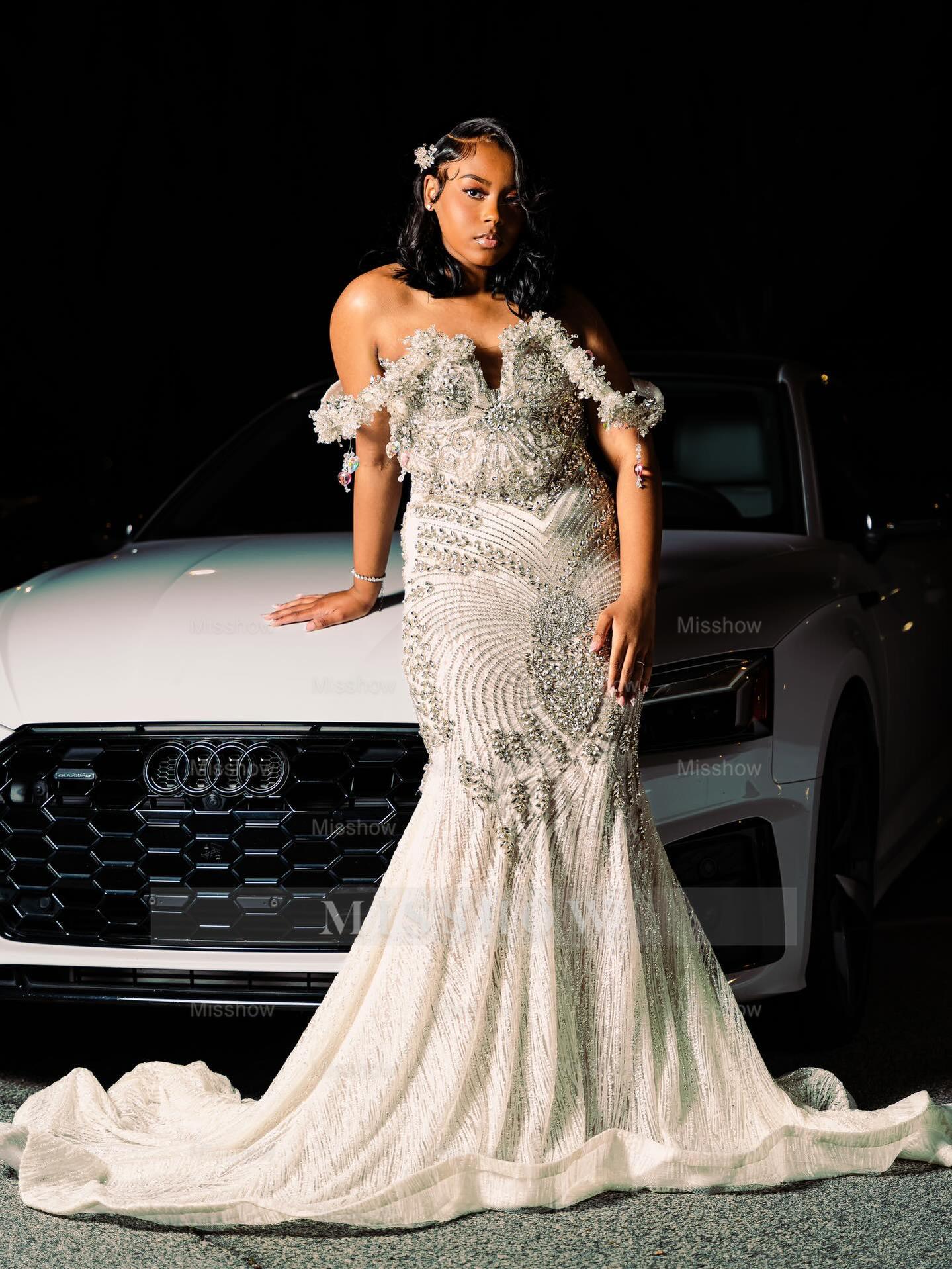 White Off The Shoulder Prom Dress Beaded Mermaid Gown with Train and Rhinestones