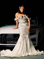 White Off The Shoulder Prom Dress Beaded Mermaid Gown with Train and Rhinestones