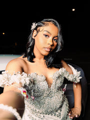 White Off The Shoulder Prom Dress Beaded Mermaid Gown with Train and Rhinestones