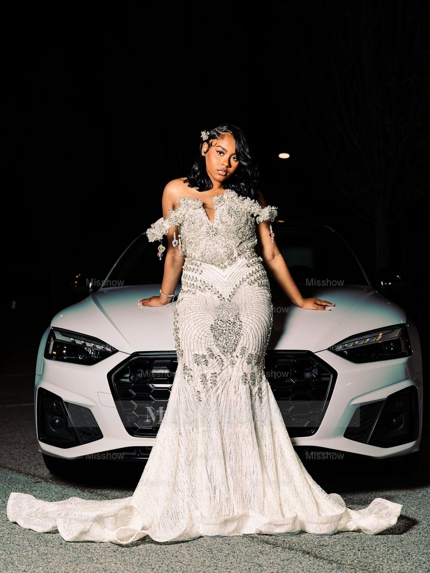 White Off The Shoulder Prom Dress Beaded Mermaid Gown with Train and R misshow.com White Off The Shoulder Prom Dress Beaded Mermaid Gown with Train and R misshow.com