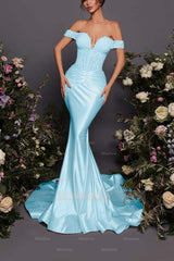 White Off-The-Shoulder Sleeveless Applique Beaded Ruched Mermaid Satin Formal Evening Gown