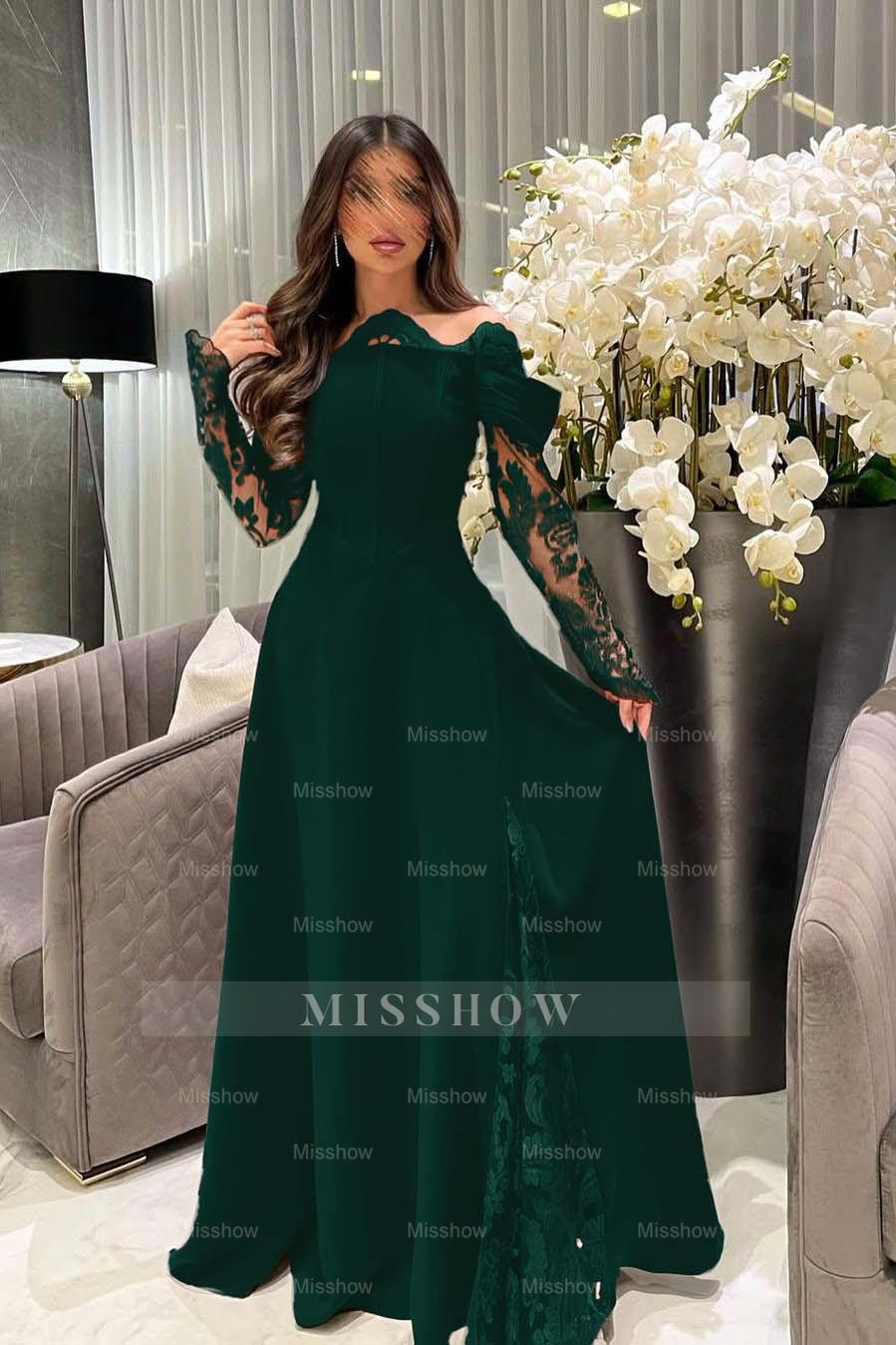 White Off-the-Shoulder Long Sleeve A-Line Satin Lace Appliques Floor Length Evening Gown