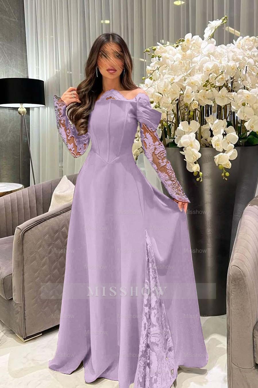 White Off-the-Shoulder Long Sleeve A-Line Satin Lace Appliques Floor Length Evening Gown
