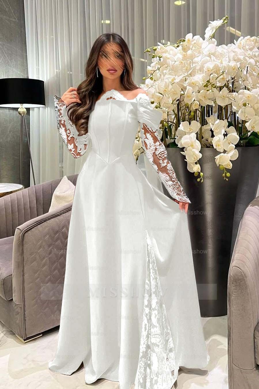 White Off-the-Shoulder Long Sleeve A-Line Satin Lace Appliques Floor Length Evening Gown