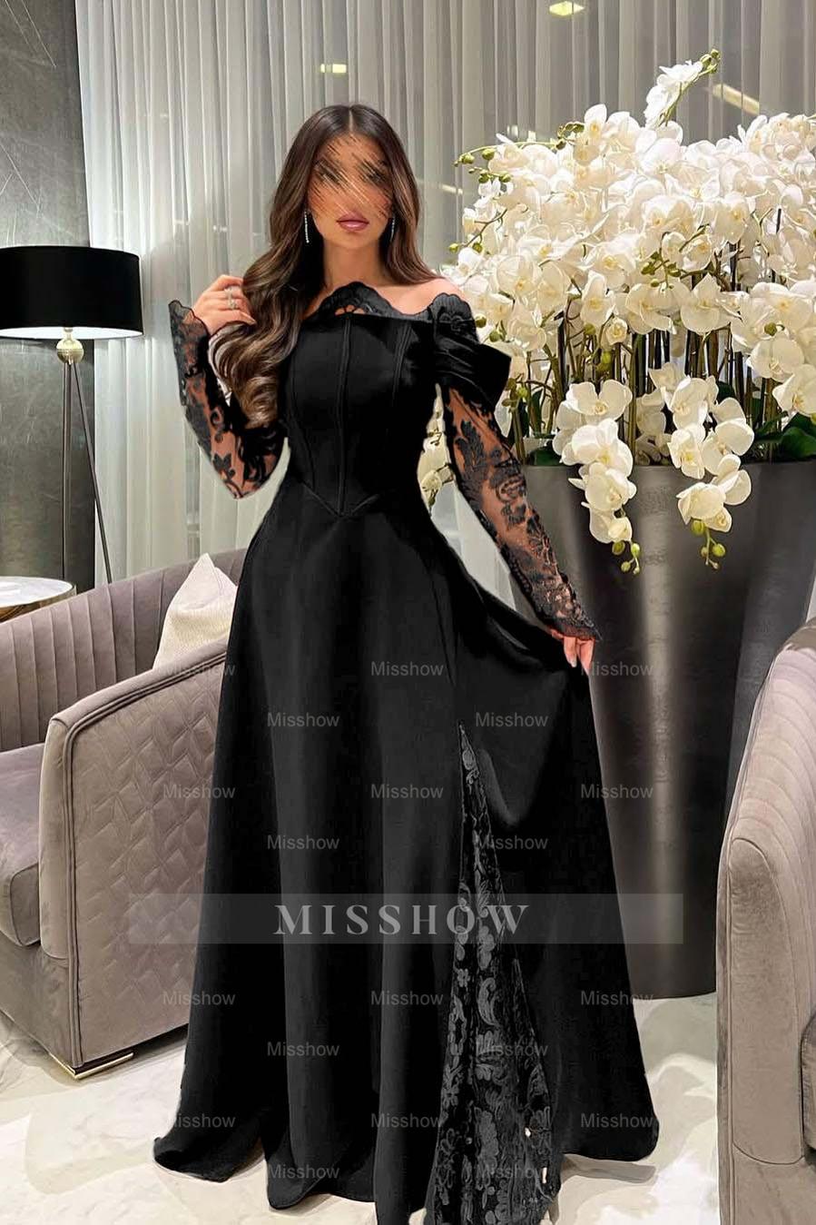 White Off-the-Shoulder Long Sleeve A-Line Satin Lace Appliques Floor Length Evening Gown