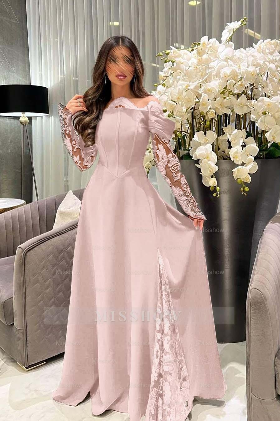 White Off-the-Shoulder Long Sleeve A-Line Satin Lace Appliques Floor Length Evening Gown