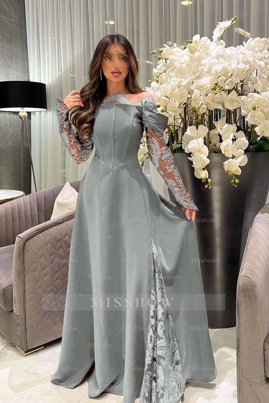 White Off-the-Shoulder Long Sleeve A-Line Satin Lace Appliques Floor Length Evening Gown